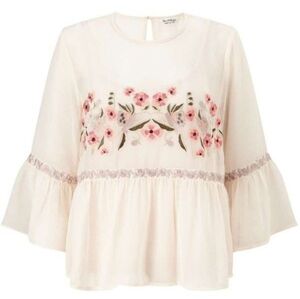 Floral embroidery top bell sleeve top embroidered blouse blush